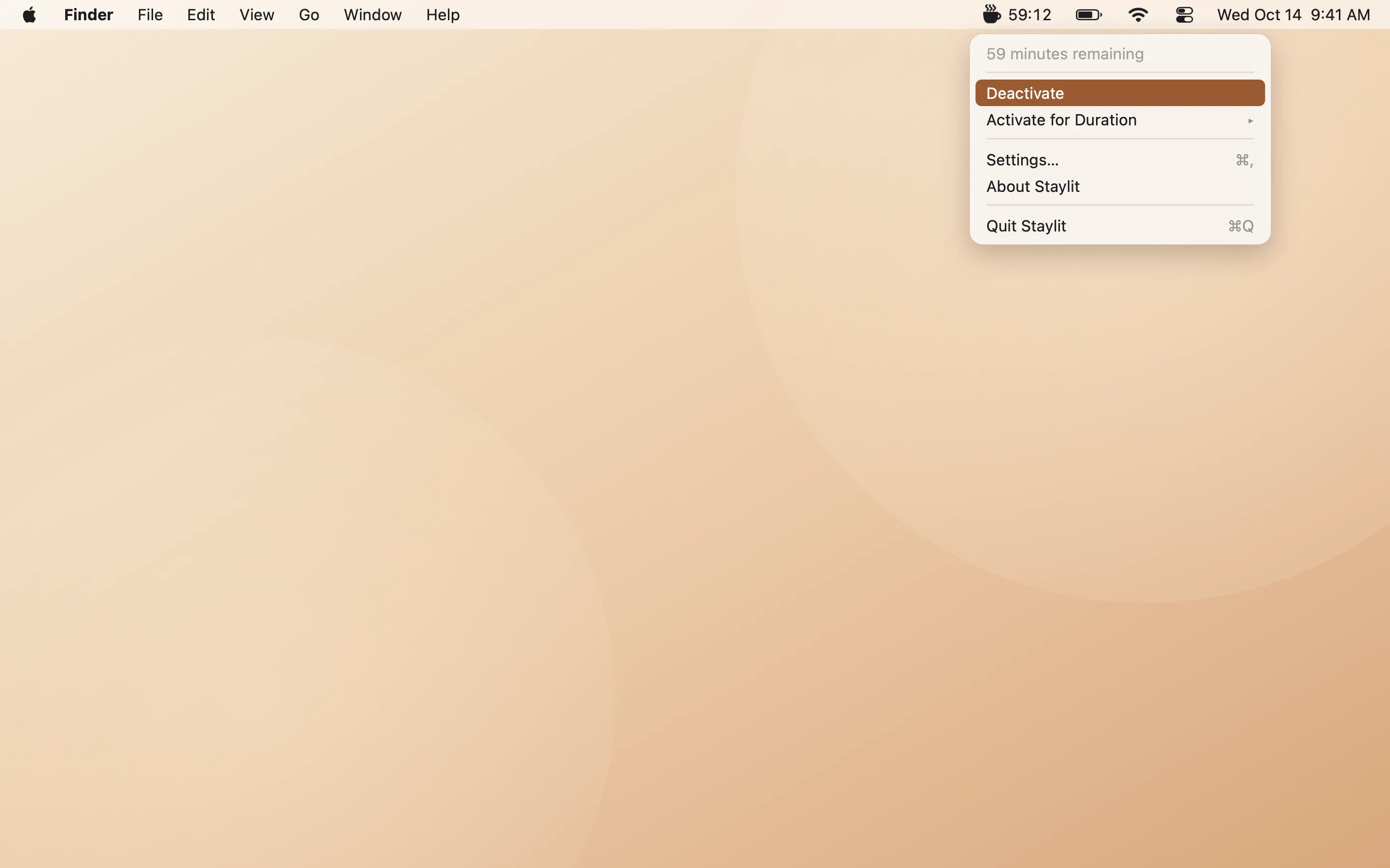 A Mac desktop with the Staylit menu open under the cup icon, showing 59 minutes remaining.