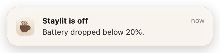 A Staylit notification: Staylit is off, battery dropped below 20%.