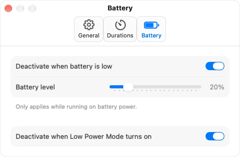 Staylit Battery settings: deactivate below 20% battery and when Low Power Mode turns on.