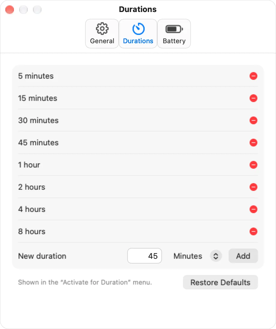 Staylit Durations settings listing 5 minutes to 8 hours, with a field to add a new duration.