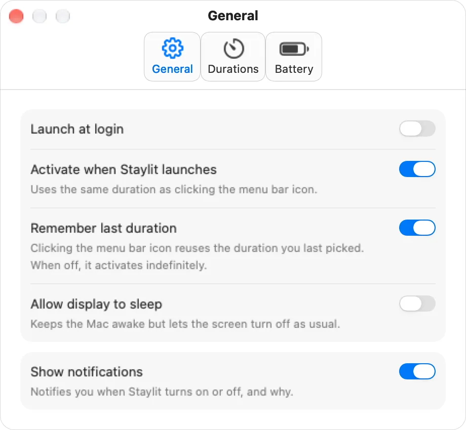Staylit General settings: launch at login, activate on launch, remember last duration, display sleep and notifications.